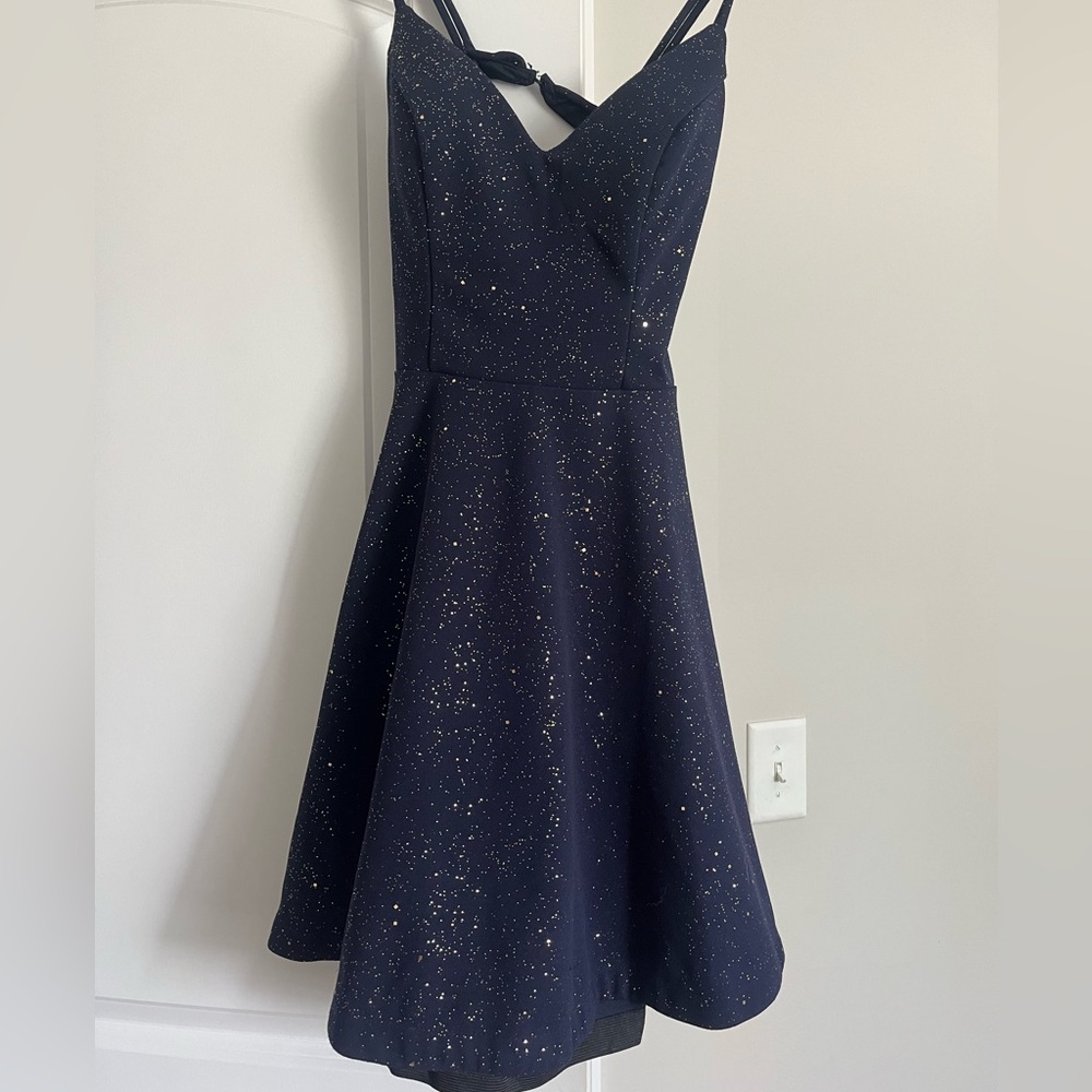 City Studio Blue A-Line Sleeveless Dress with gold sparkles